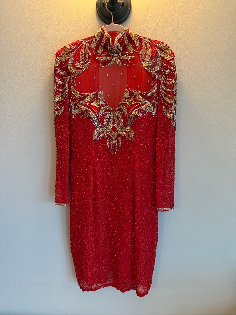 Vintage Lillie Rubin Beaded Silk Cocktail Dress Red Gold Sequined size 6